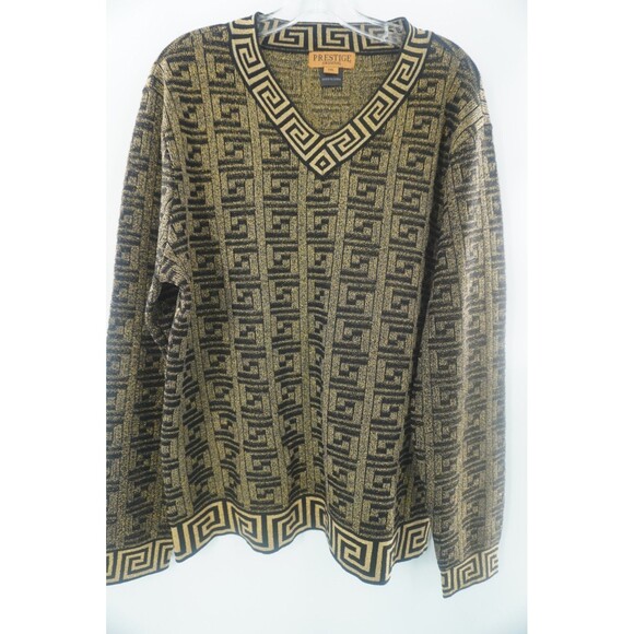 Prestige Black Gold Metallic Greek Key Geometric V-Neck Cardigan Sweater Sz 2XL - Picture 2 of 12